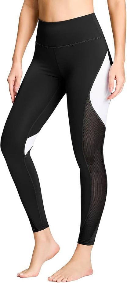 QUEENIEKE Women Yoga Pants Color Blocking Mesh Workout Running Leggings Tights