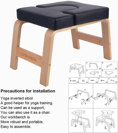 Yoga Headstand Bench- Stand Yoga Chair for Family, Gym - Wood and PU Pads - Relieve Fatigue and Build Up Body (Black)