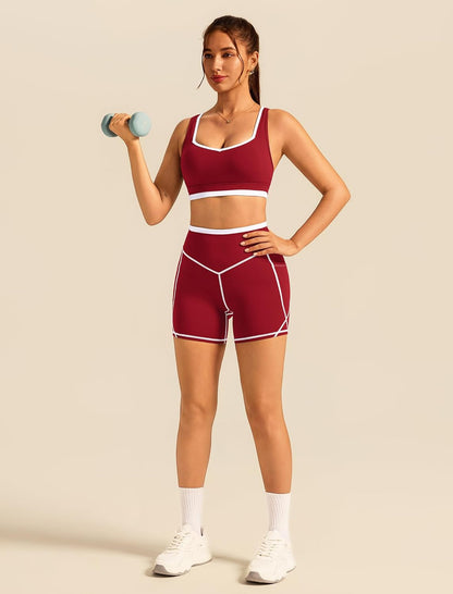 ABOCIW Womens Two Piece Workout Sets Color Block Sports Bra Matching High Waist Biker Shorts Active Gym Yoga Outfits