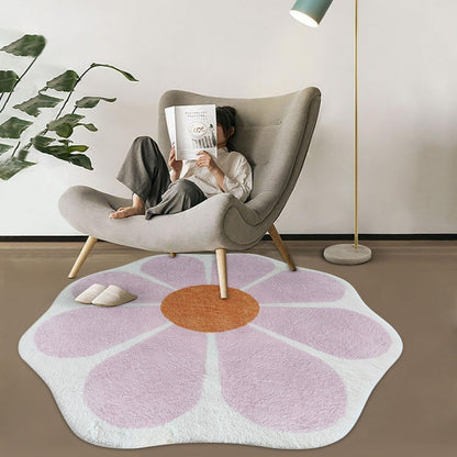 White Flower Shaped Rug, Cute Round Indoor Rug, 39.4" Diameter, High Pile Faux Wool, Non-Slip Backing
