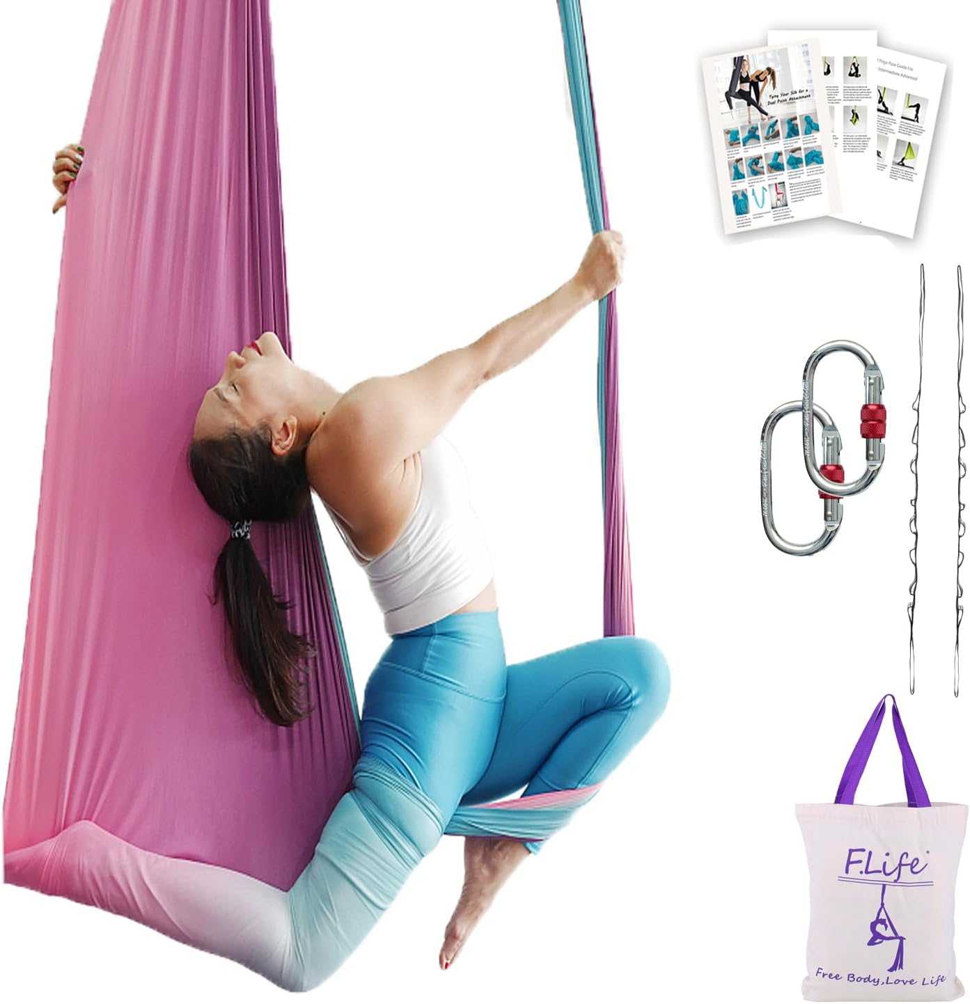 F.Life Aerial Yoga Hammock 6.5 yards Premium Aerial Sling Silk Fabric Yoga Swing for Antigravity Inversion Include Daisy Chain,Carabiner and Pose Guide