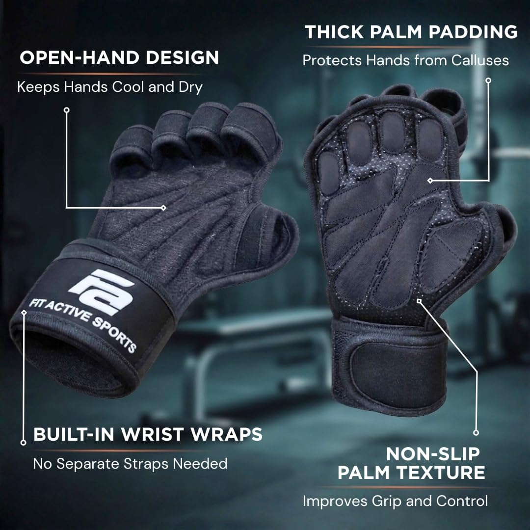 Fit Active Sports New Ventilated Weight Lifting Workout Gloves with Built-in Wrist Wraps for Men and Women - Great for Gym Fitness, Cross Training, Hand Support & Weightlifting.