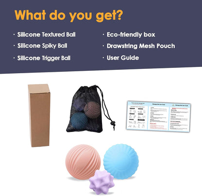 Silicone 3-Piece Massage Ball Set - Peanut, Textured and Spiky Lacrosse Balls to Relieve Tension,Muscle Knots & Plantar Fasciitis with Deep Tissue Release for Foot,Back,Hip,Arm & Legs