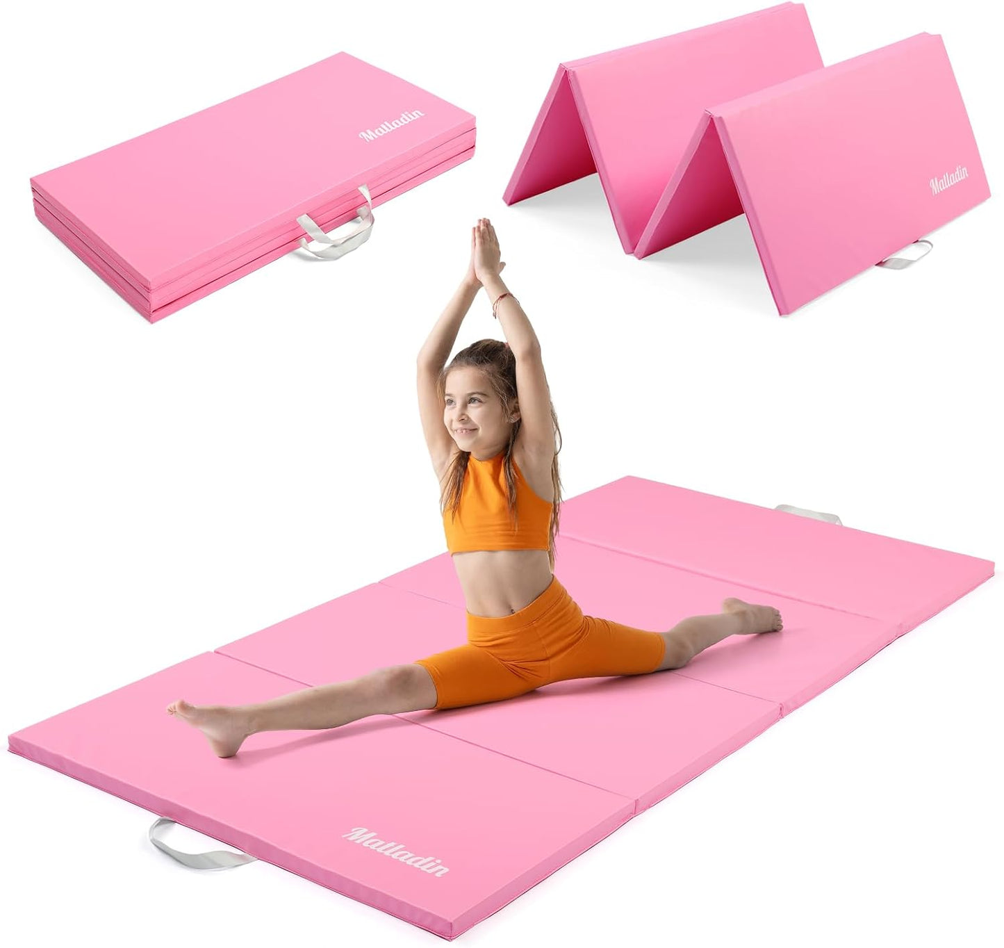 Matladin Folding Gymnastics Mat for Kids, 6'x3'x1"/8'x3'x1" PU Leather Gym Exercise Mats for Tumbling, Cheer, Yoga, Fitness, Pilates and Martial Art
