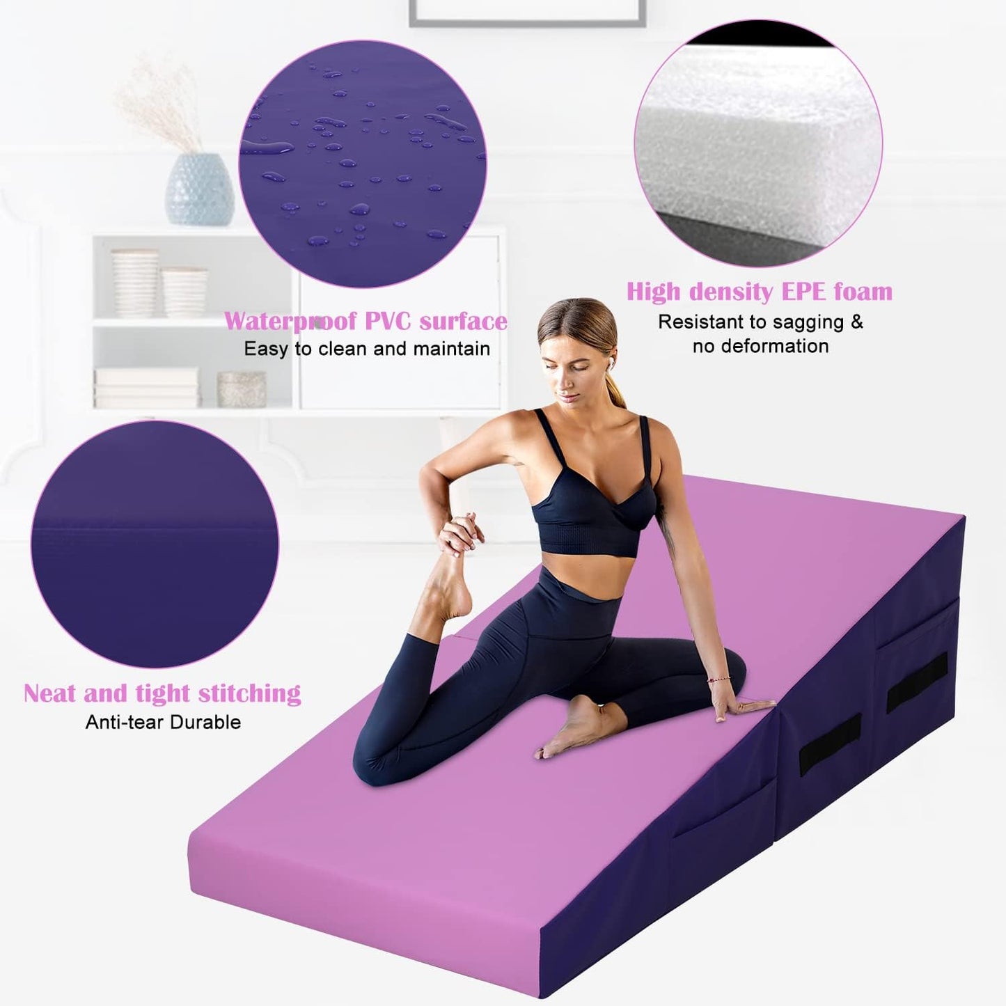 Incline Gymnastics Mat, 48x24 Inch Foldding Gymnastic Tumbling Mat with Handle, Cheese Wedge Skill Shape, Indoor/Outdoor Exercise Mat Home Gym Yoga Mat for Kids Tumbling, Skill Training