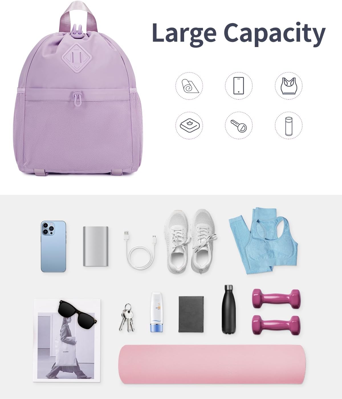 WANDF Drawstring Backpack for Women, Lightweight Gym Bag with Yoga Mat Strap, Water-Resistant String Backpack with Mesh Pocket (Grey, Patent Pending)