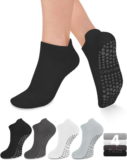 yeuG Pilates Socks for Women Non Slip Grip Socks for Yoga, Barre, Hospital, Barefoot Grippy Yoga Sock Womens Gifts 4 Pairs
