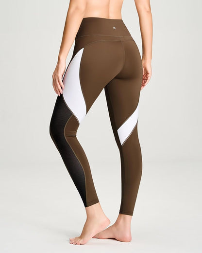 QUEENIEKE Women Yoga Pants Color Blocking Mesh Workout Running Leggings Tights