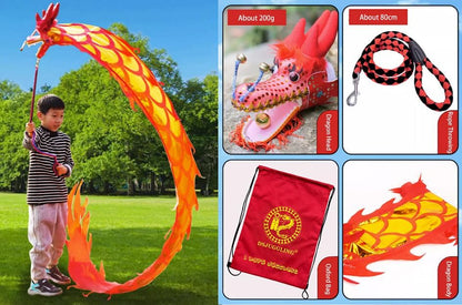16.4 FT (5 Meters) Golden Red Dragon Poi with 3D Dragon Head & Swing Rope Combo for Beginners, Lightweight Flowy Dragon Ribbon Streamer Outdoor Fitness Stage Prop Set