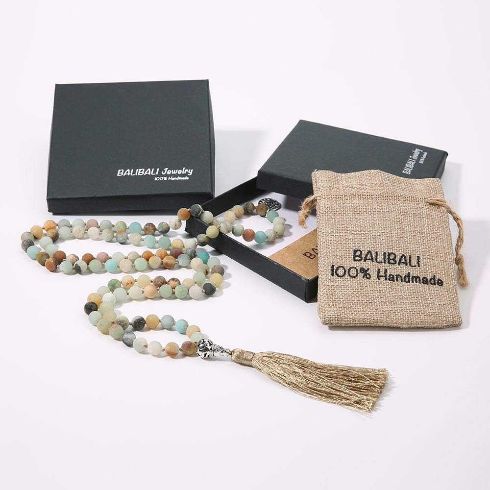 108 Mala Beads Necklace Semi-Precious Gem Stones Meditation Necklace 108 Hand Knotted Japa Mala Beaded Tassel Necklace with Tree of Life Pendant