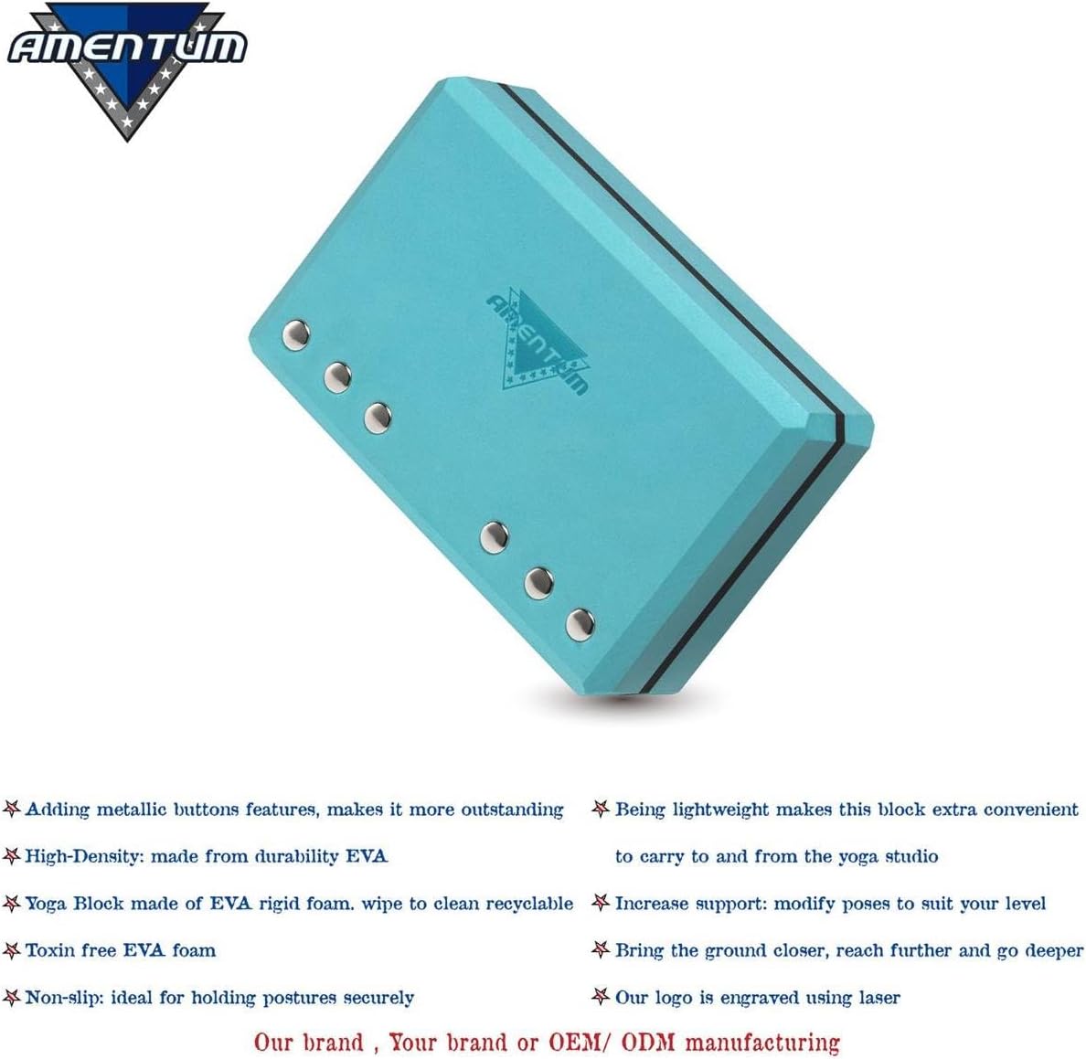 AMENTUM Yoga Block 9”x6”x3” Stand Out With Style Premium Yoga Block Featuring Bold Metallic Rivets. High-Density/Non-Toxic EVA Foam, Non-Slip Surface,Lightweight Exercise Support for Yoga, Stretching, Fitness Training