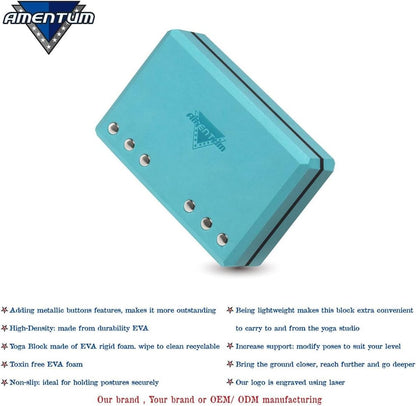 AMENTUM Yoga Block 9”x6”x3” Stand Out With Style Premium Yoga Block Featuring Bold Metallic Rivets. High-Density/Non-Toxic EVA Foam, Non-Slip Surface,Lightweight Exercise Support for Yoga, Stretching, Fitness Training