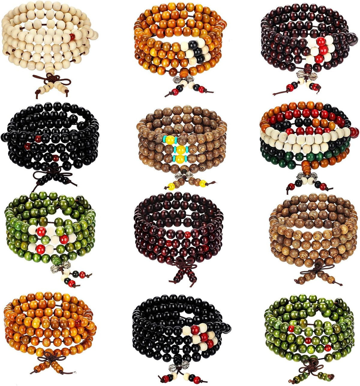 24 Pcs 108 Mala Bead 8mm Meditation Bracelet for Men Tibetan Buddha Link Retractable Wood Beaded Multilayer Sandalwood Wood Bracelets Buddhist Prayer Strand Prayer Gift for Meditation Lovers