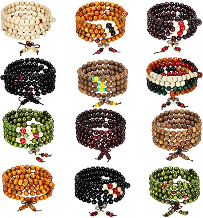 24 Pcs 108 Mala Bead 8mm Meditation Bracelet for Men Tibetan Buddha Link Retractable Wood Beaded Multilayer Sandalwood Wood Bracelets Buddhist Prayer Strand Prayer Gift for Meditation Lovers