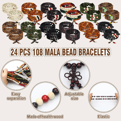 24 Pcs 108 Mala Bead 8mm Meditation Bracelet for Men Tibetan Buddha Link Retractable Wood Beaded Multilayer Sandalwood Wood Bracelets Buddhist Prayer Strand Prayer Gift for Meditation Lovers