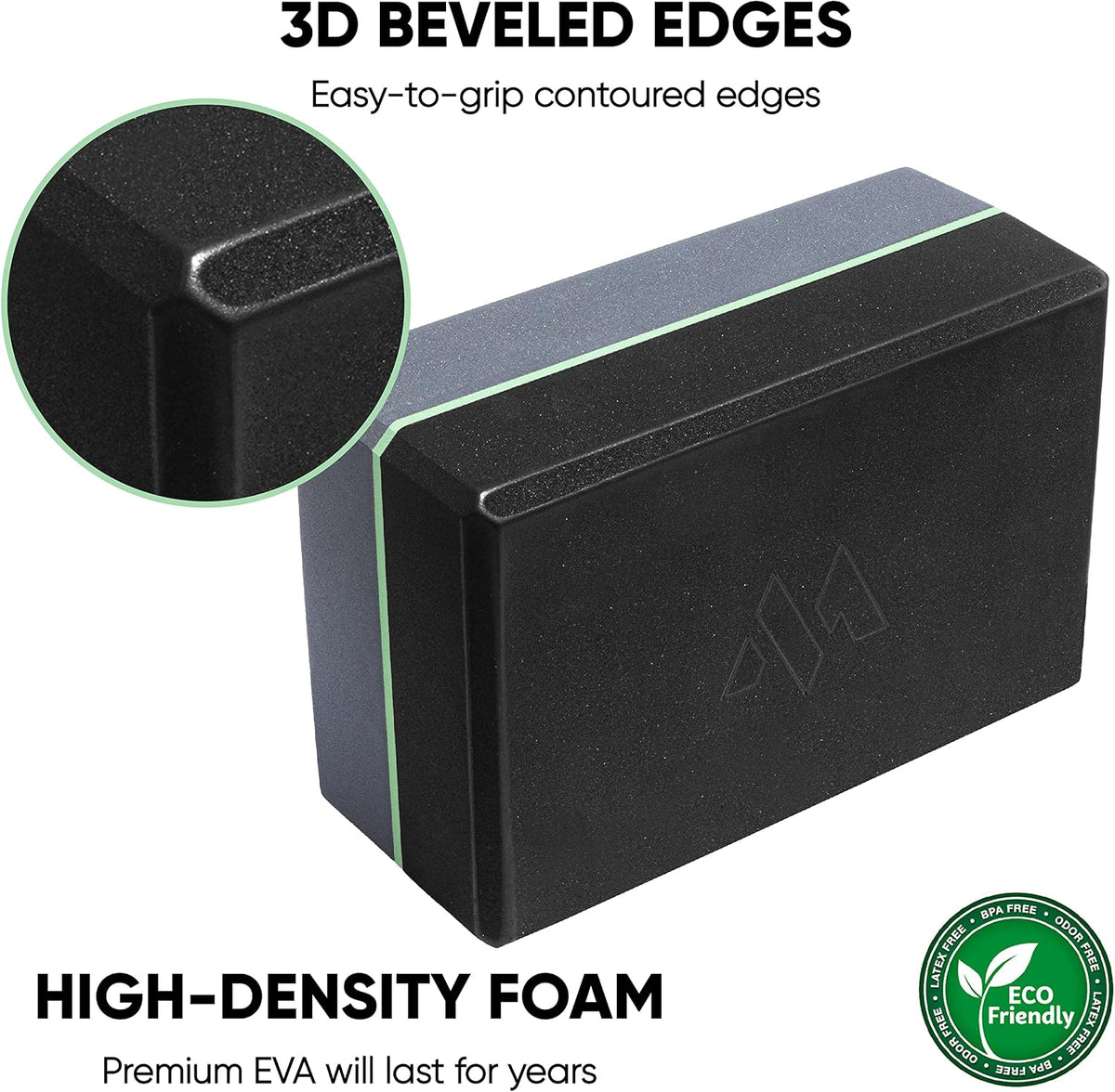 Gray Black Yoga Block Yoga Brick - Sold as Single EVA Foam Block, Bevelled Edge, Non-Slip, Latex-Free Block with a Workout Chart 9x6x4”