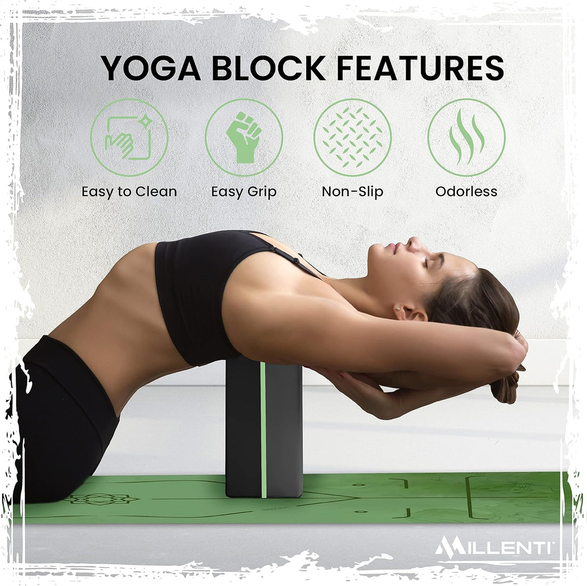 Gray Black Yoga Block Yoga Brick - Sold as Single EVA Foam Block, Bevelled Edge, Non-Slip, Latex-Free Block with a Workout Chart 9x6x4”