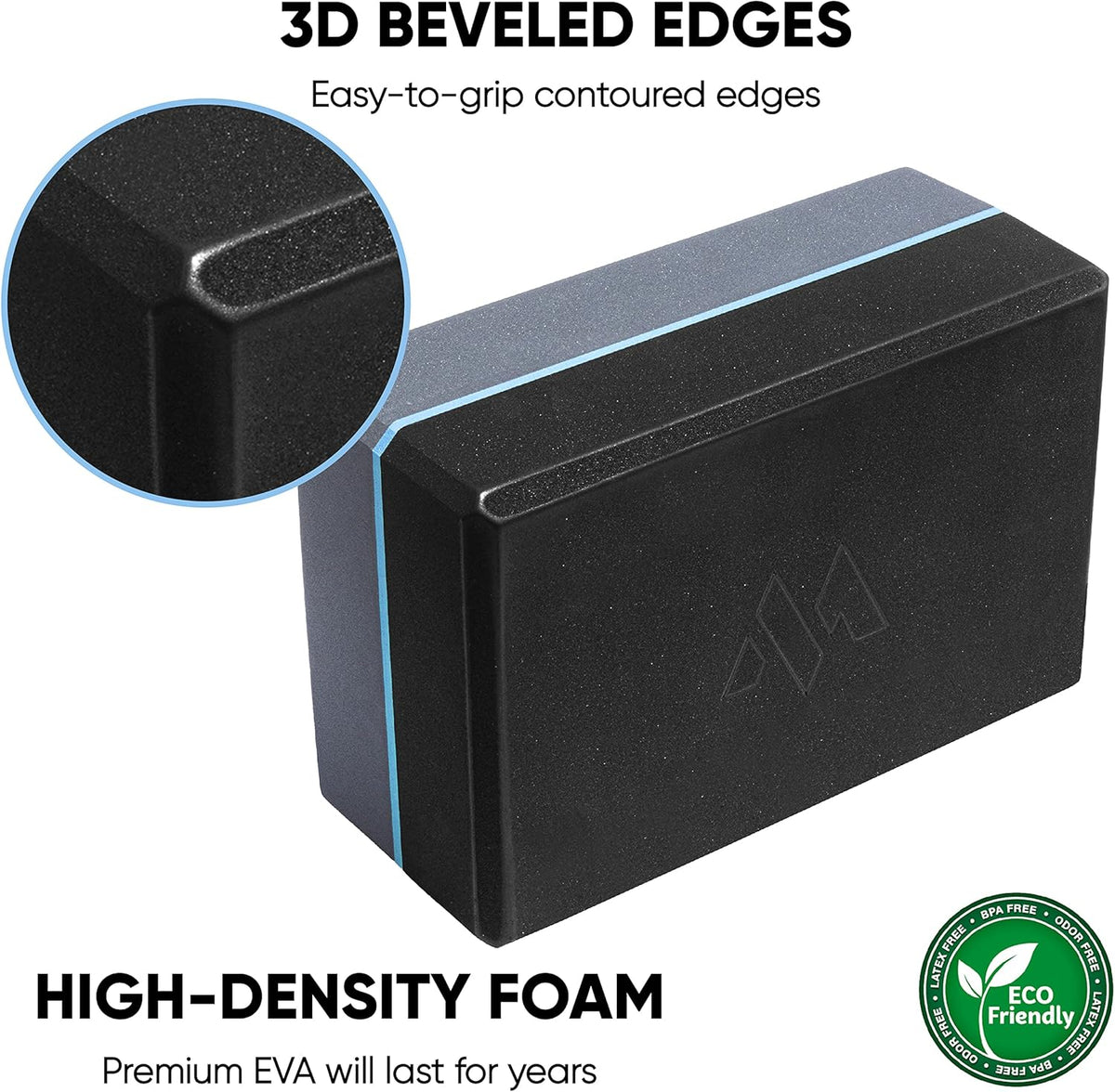 Gray Black Yoga Block Yoga Brick - Sold as Single EVA Foam Block, Bevelled Edge, Non-Slip, Latex-Free Block with a Workout Chart 9x6x4”