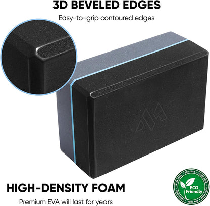 Gray Black Yoga Block Yoga Brick - Sold as Single EVA Foam Block, Bevelled Edge, Non-Slip, Latex-Free Block with a Workout Chart 9x6x4”