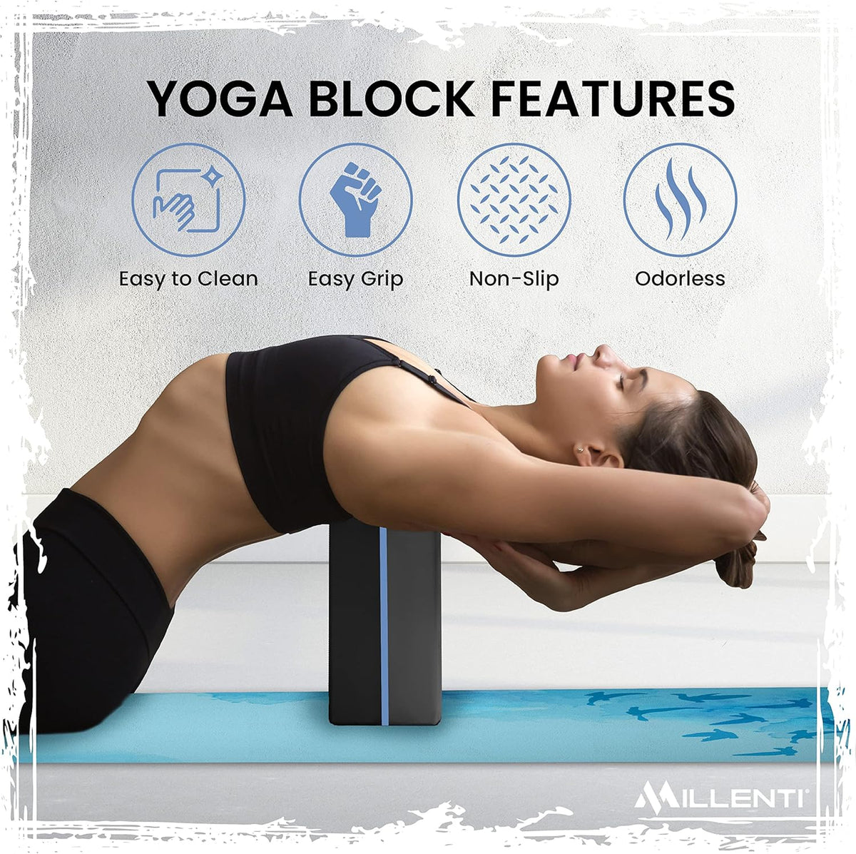Gray Black Yoga Block Yoga Brick - Sold as Single EVA Foam Block, Bevelled Edge, Non-Slip, Latex-Free Block with a Workout Chart 9x6x4”