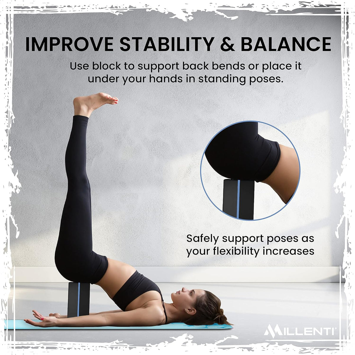 Gray Black Yoga Block Yoga Brick - Sold as Single EVA Foam Block, Bevelled Edge, Non-Slip, Latex-Free Block with a Workout Chart 9x6x4”