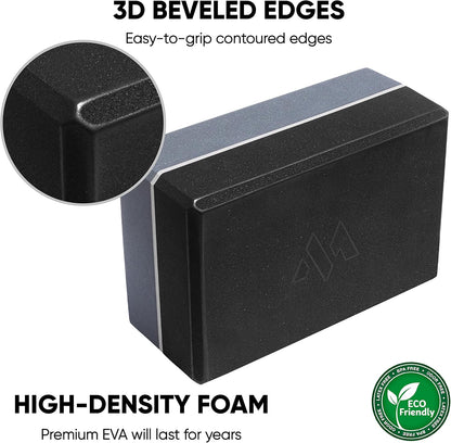 Gray Black Yoga Block Yoga Brick - Sold as Single EVA Foam Block, Bevelled Edge, Non-Slip, Latex-Free Block with a Workout Chart 9x6x4”