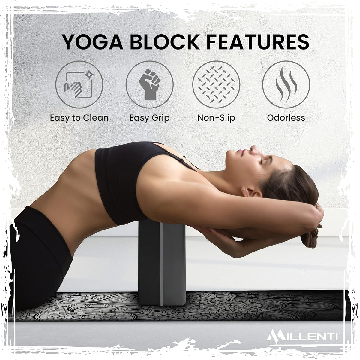 Gray Black Yoga Block Yoga Brick - Sold as Single EVA Foam Block, Bevelled Edge, Non-Slip, Latex-Free Block with a Workout Chart 9x6x4”