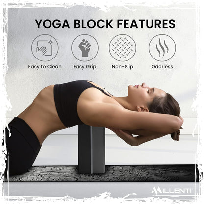 Gray Black Yoga Block Yoga Brick - Sold as Single EVA Foam Block, Bevelled Edge, Non-Slip, Latex-Free Block with a Workout Chart 9x6x4”