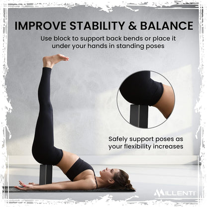 Gray Black Yoga Block Yoga Brick - Sold as Single EVA Foam Block, Bevelled Edge, Non-Slip, Latex-Free Block with a Workout Chart 9x6x4”