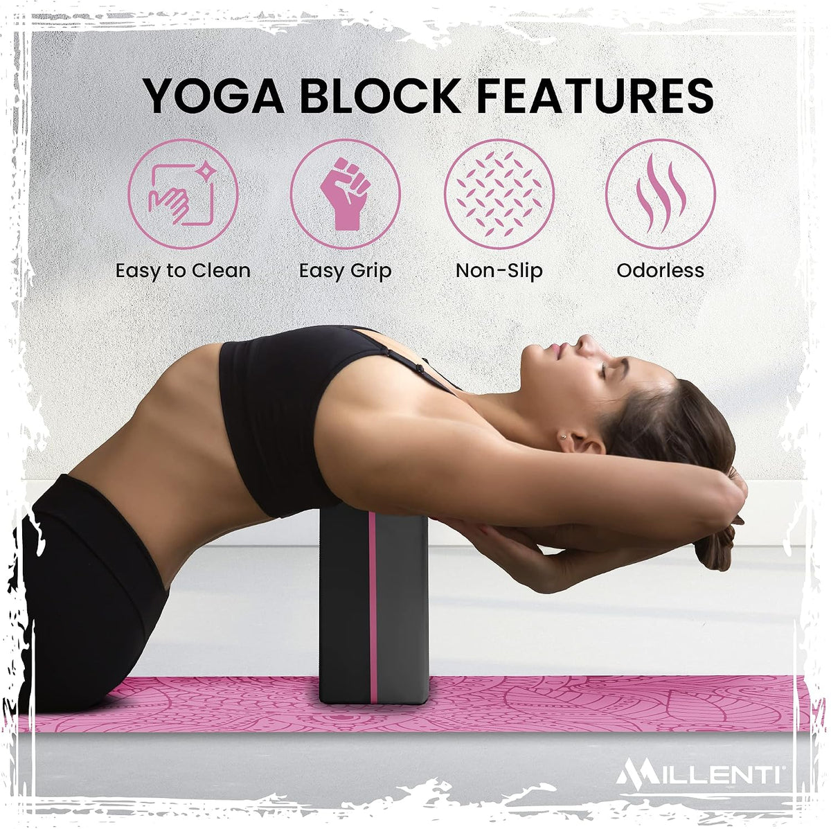 Gray Black Yoga Block Yoga Brick - Sold as Single EVA Foam Block, Bevelled Edge, Non-Slip, Latex-Free Block with a Workout Chart 9x6x4”
