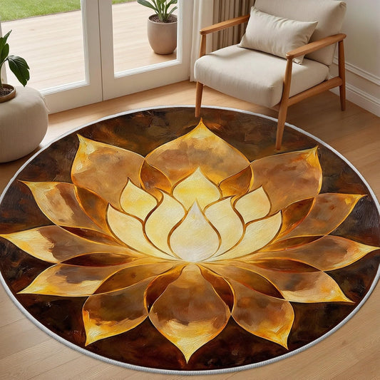 Lotus Flower Small Round Rug 3.3ft Gold Lotus Watercolor Circle Rug | Vintage Circle Area Rugs for Bedroom Washable Non-Slip Non-Shedding Round Carpet