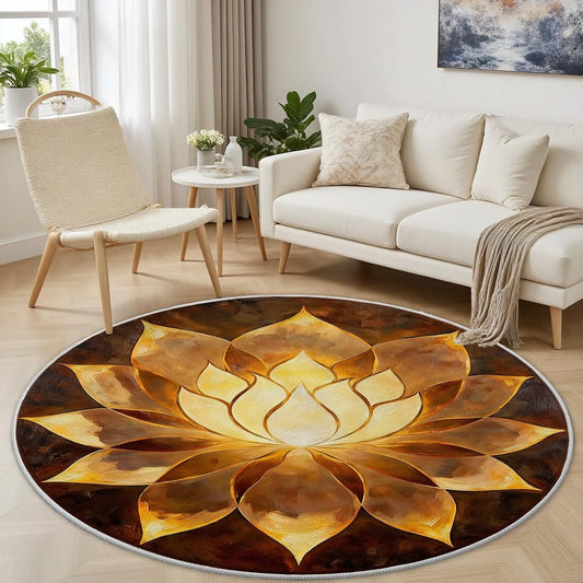 Lotus Flower Small Round Rug 3.3ft Gold Lotus Watercolor Circle Rug | Vintage Circle Area Rugs for Bedroom Washable Non-Slip Non-Shedding Round Carpet