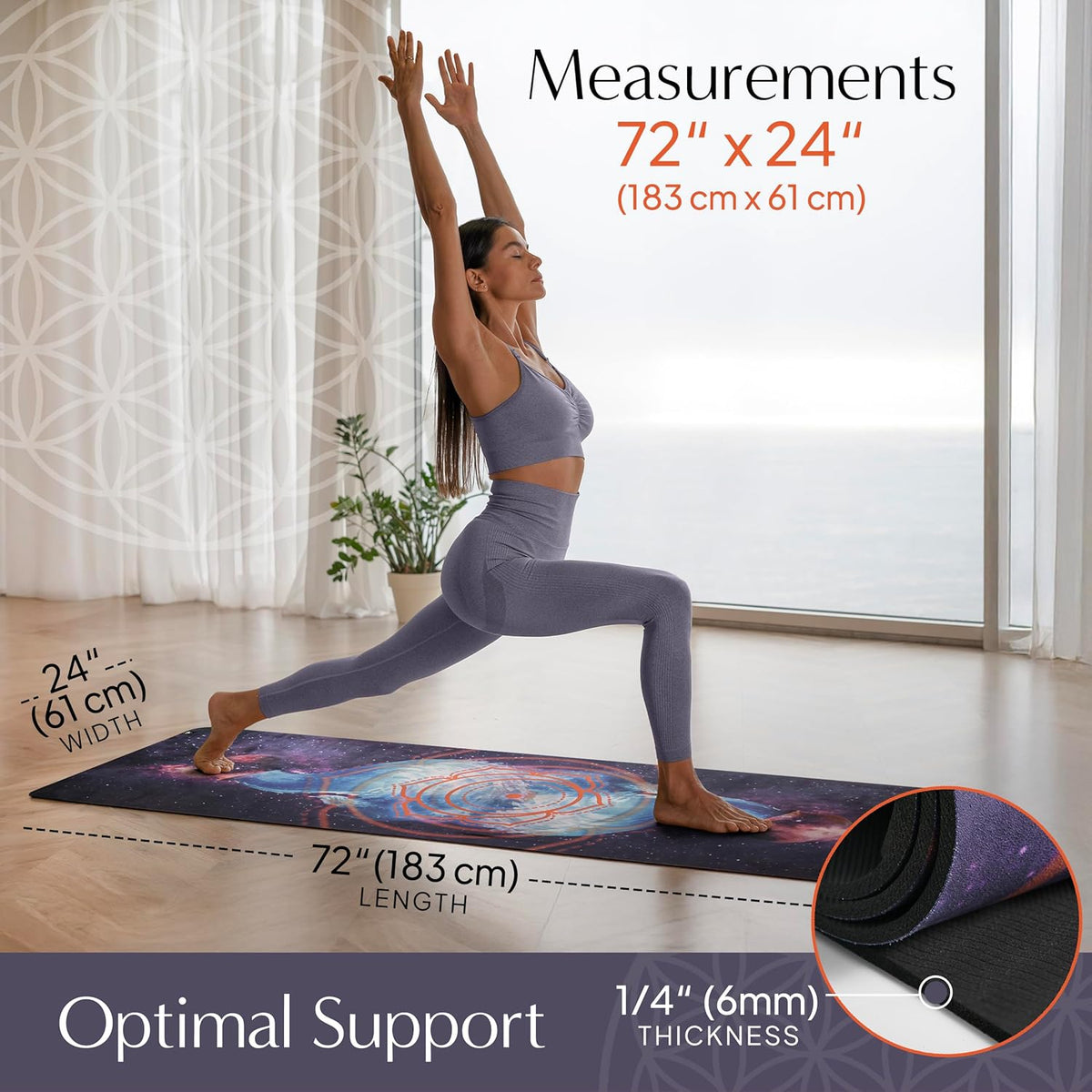 Yoga Mat with Strap Non-Slip 6mm Thick, Premium Suede & TPE Water Flow Design (72”x24”) Yoga, Hot Yoga, Pilates and Sweaty Workout