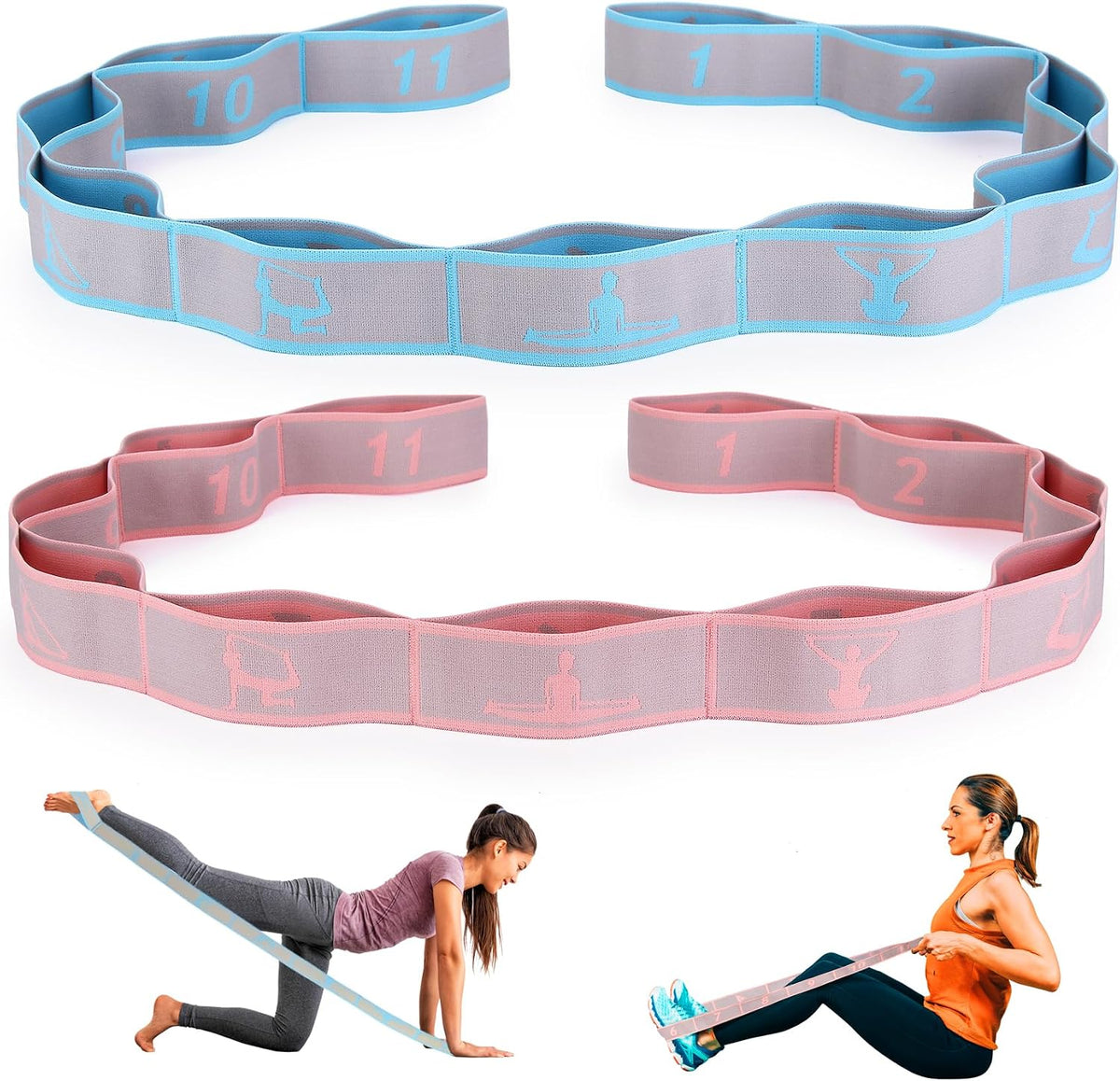 Elastic Yoga Stretching Strap with Loops, Stretch Straps for Physical Therapy, Pilates Stretch Band, Elastic Exercise Bands, Leg Stretching Strap, Stretch Resistance Bands for Exercise