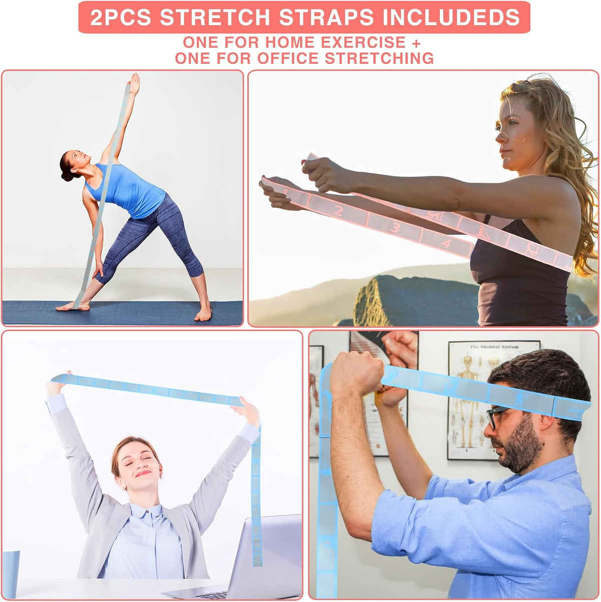 Elastic Yoga Stretching Strap with Loops, Stretch Straps for Physical Therapy, Pilates Stretch Band, Elastic Exercise Bands, Leg Stretching Strap, Stretch Resistance Bands for Exercise