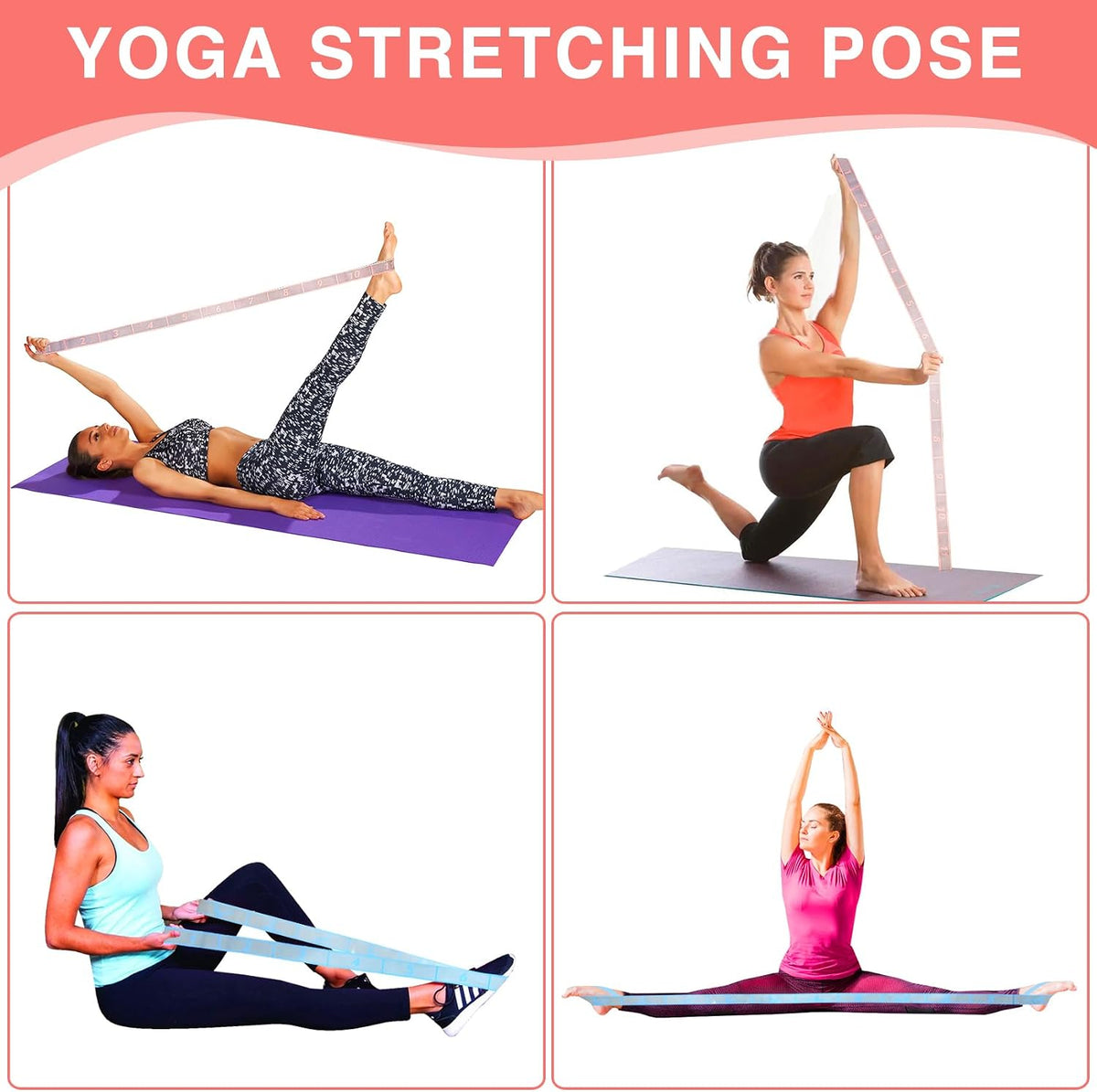 Elastic Yoga Stretching Strap with Loops, Stretch Straps for Physical Therapy, Pilates Stretch Band, Elastic Exercise Bands, Leg Stretching Strap, Stretch Resistance Bands for Exercise