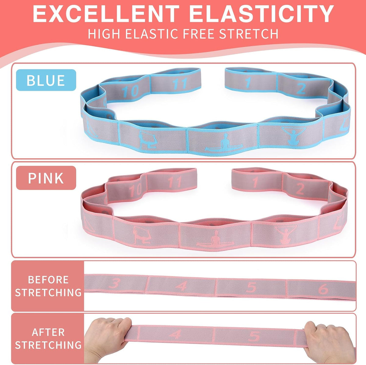 Elastic Yoga Stretching Strap with Loops, Stretch Straps for Physical Therapy, Pilates Stretch Band, Elastic Exercise Bands, Leg Stretching Strap, Stretch Resistance Bands for Exercise