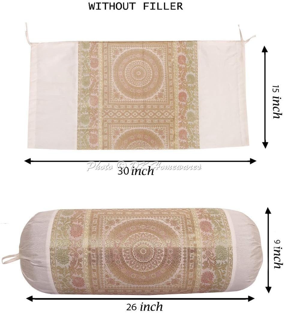 Indian Jacquard Brocade Silk Bolster Yoga Rectangular Pillowcase Cover Mandala White Tubular Home Decor Living Room Cylindrical Hotdog Traditional Throw Cushion Cover 76x38 cm - 1 Pc