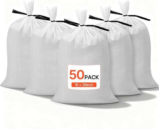 Heavy Duty Sand Bags, 16" x 26", Empty Sandbags for Flooding with Tie Strings, Woven Polypropylene Sand Bag with 1600 Hours of UV Protection, 50Lbs Capacity