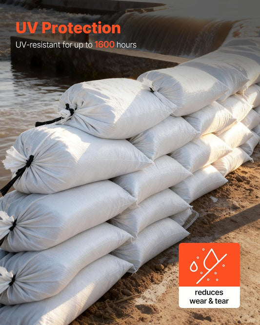 Heavy Duty Sand Bags, 16" x 26", Empty Sandbags for Flooding with Tie Strings, Woven Polypropylene Sand Bag with 1600 Hours of UV Protection, 50Lbs Capacity