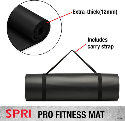 12mm Pro Fitness Matt - Thick Exercise Mat for Floor Workouts, Sit-Ups, Push-Ups, Stretching, Toning, and General Fitness - Non-Slip Texture, Cushioned, Portable Rolling Mat with Carrying Strap