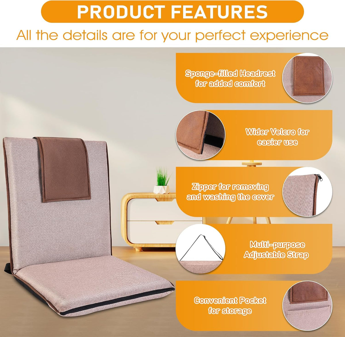 Adjustable Floor Chair with Back Support Foldable Meditation Seat, Coffee | 14-Position Adjust, 330lbs Weight Capacity, Washable Cover, Sturdy Bearings, Ground Seat for Adults, Portable for Meditation
