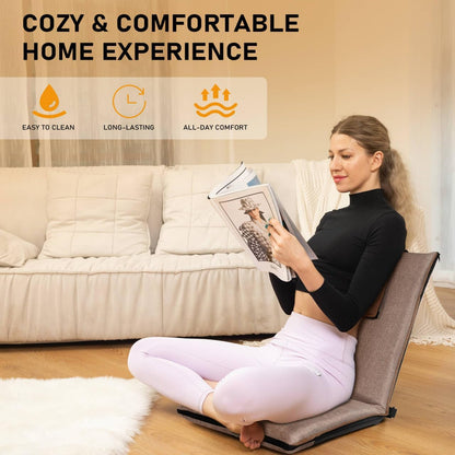 Adjustable Floor Chair with Back Support Foldable Meditation Seat, Coffee | 14-Position Adjust, 330lbs Weight Capacity, Washable Cover, Sturdy Bearings, Ground Seat for Adults, Portable for Meditation