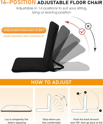Adjustable Floor Chair with Back Support Foldable Meditation Seat, Coffee | 14-Position Adjust, 330lbs Weight Capacity, Washable Cover, Sturdy Bearings, Ground Seat for Adults, Portable for Meditation