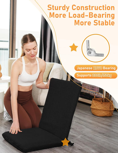 Adjustable Floor Chair with Back Support Foldable Meditation Seat, Coffee | 14-Position Adjust, 330lbs Weight Capacity, Washable Cover, Sturdy Bearings, Ground Seat for Adults, Portable for Meditation