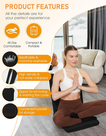 Adjustable Floor Chair with Back Support Foldable Meditation Seat, Coffee | 14-Position Adjust, 330lbs Weight Capacity, Washable Cover, Sturdy Bearings, Ground Seat for Adults, Portable for Meditation