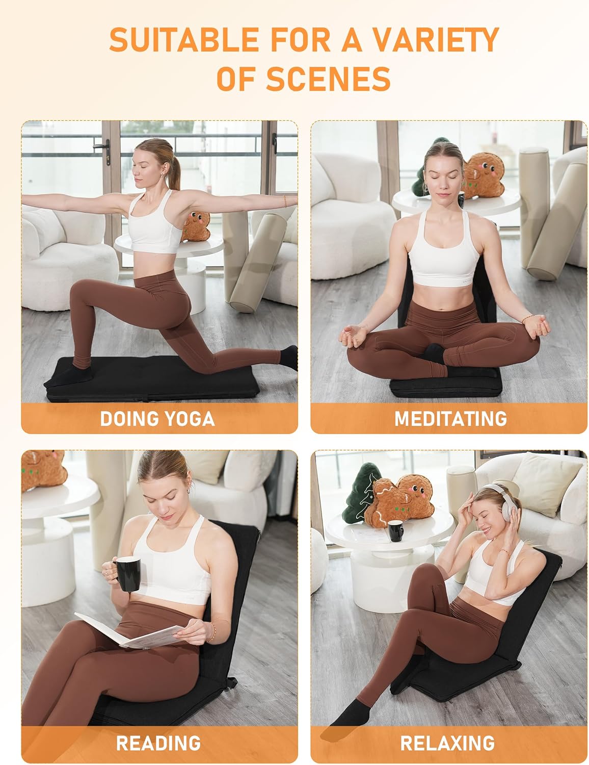 Adjustable Floor Chair with Back Support Foldable Meditation Seat, Coffee | 14-Position Adjust, 330lbs Weight Capacity, Washable Cover, Sturdy Bearings, Ground Seat for Adults, Portable for Meditation