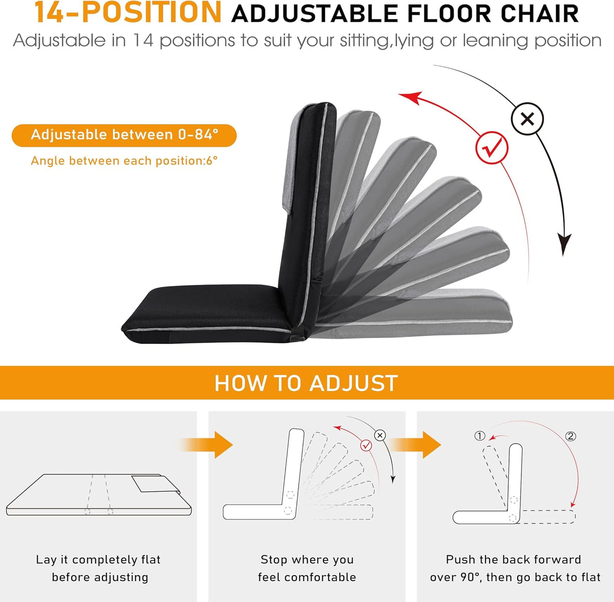 Adjustable Floor Chair with Back Support Foldable Meditation Seat, Coffee | 14-Position Adjust, 330lbs Weight Capacity, Washable Cover, Sturdy Bearings, Ground Seat for Adults, Portable for Meditation