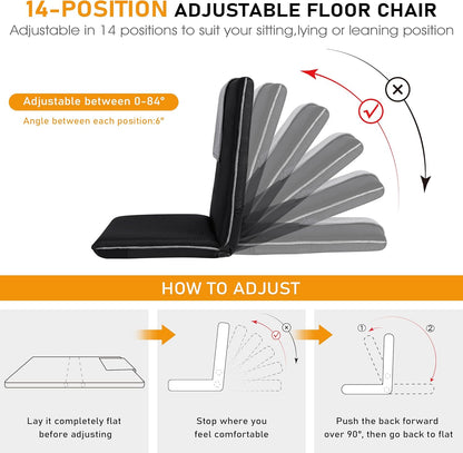 Adjustable Floor Chair with Back Support Foldable Meditation Seat, Coffee | 14-Position Adjust, 330lbs Weight Capacity, Washable Cover, Sturdy Bearings, Ground Seat for Adults, Portable for Meditation