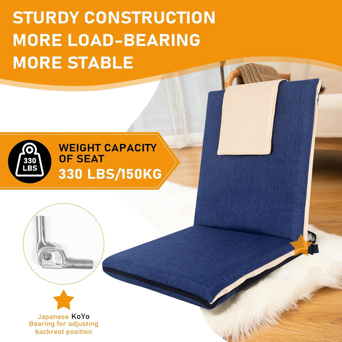 Adjustable Floor Chair with Back Support Foldable Meditation Seat, Coffee | 14-Position Adjust, 330lbs Weight Capacity, Washable Cover, Sturdy Bearings, Ground Seat for Adults, Portable for Meditation